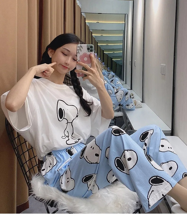 Pajama Set Short Sleeve Pants Loose Fit Snoopy Shirt
