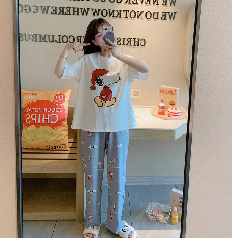 Pajama Set Short Sleeve Pants Loose Fit Snoopy Shirt