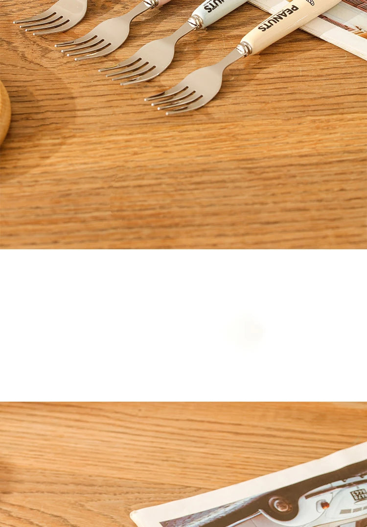 Animation Cartoon Snoopy Stainless Steel Spoon Ceramic Handled Spoon Fork Kawaii Children's Baby Tableware Cute Fruit Fork