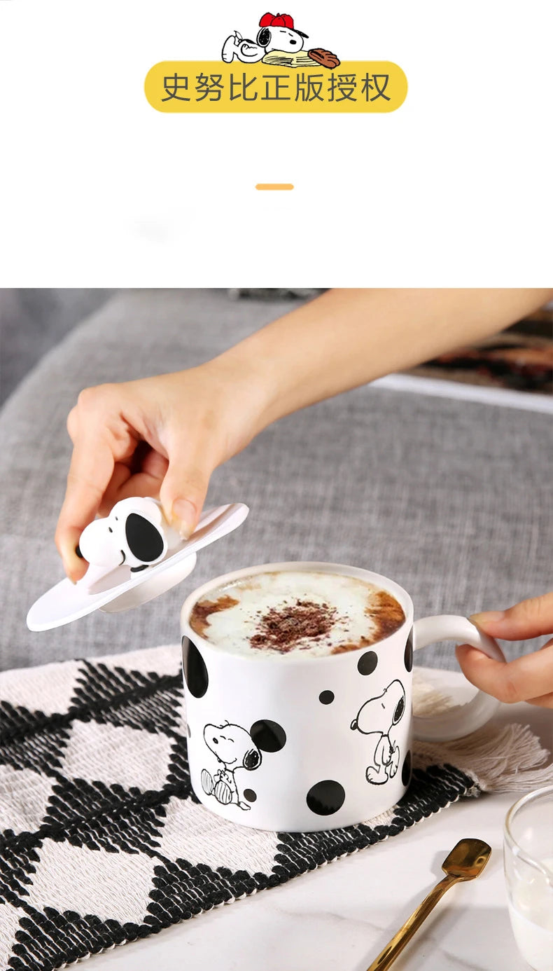 350Ml Black and White Mug With Lid Snoopy Cup