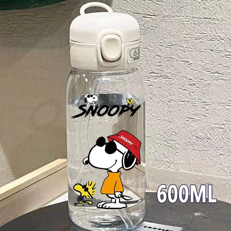 Snoopy Straw Bottles 600ml/400ML Transparent Plastic Anti Drop Water Bottle Children Students Charlie Browns Outdoor Capacity
