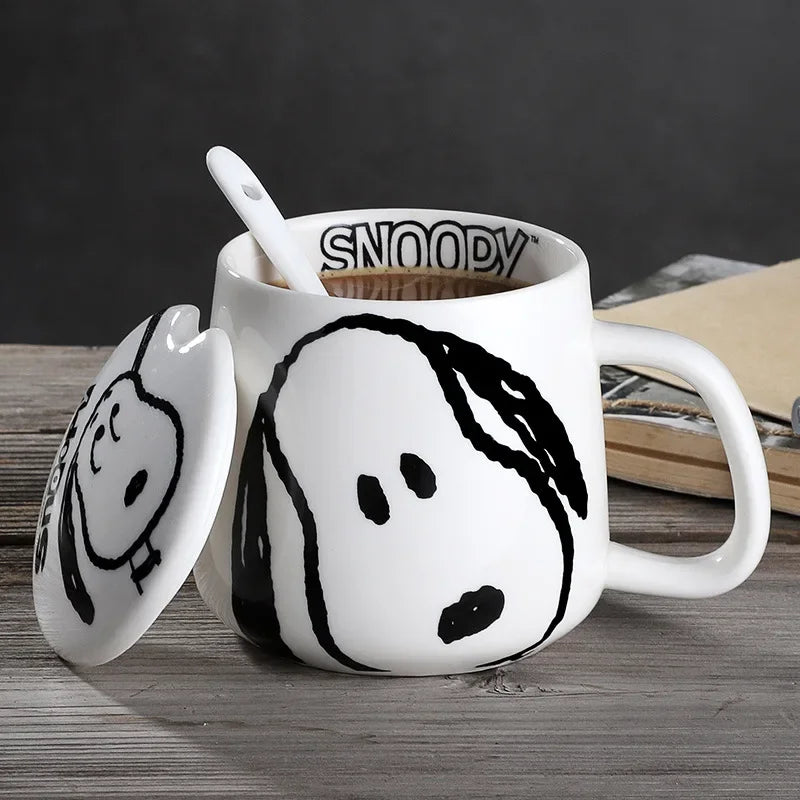 Black and White Snoopy Ceramic Mug With Cover Spoon