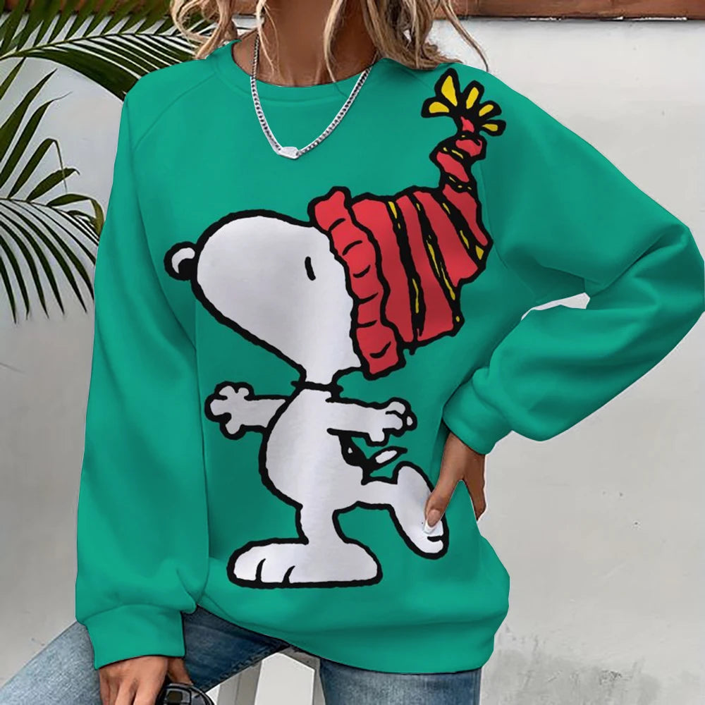 2024 autumn/winter new 3D printed women's Snoopy cartoon Christmas round neck pullover for women's street parties