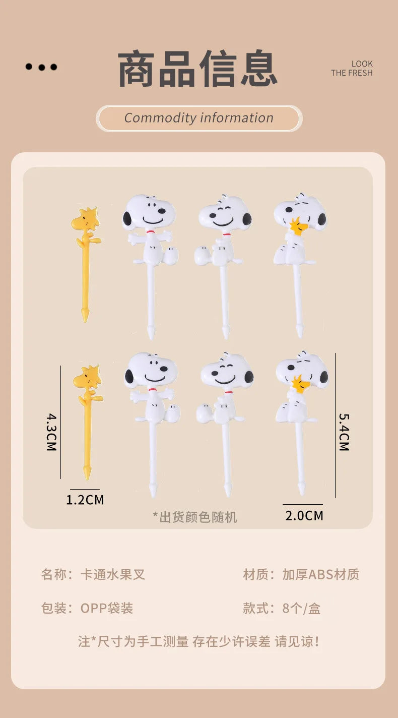 8pcs Snoopys Fruit Fork Mini Cartoon Woodstock Children Snack Dessert Food Pick Toothpick Creative Picnic Bento Party Decor Gift