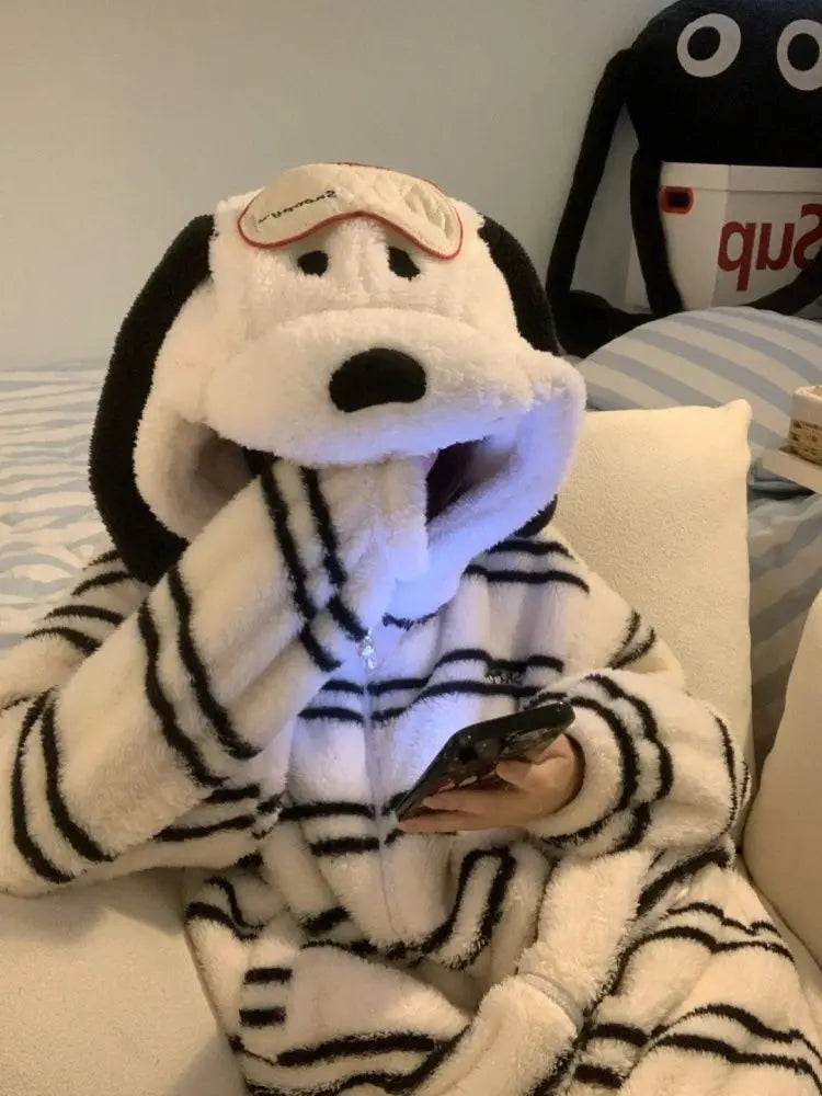 2025 New Snoopy Pajamas Halloween Flannel Fashion Kids Adult Hooded Pajamas Kawaii Woolen Anime Cartoon Casual Home Pants Autumn