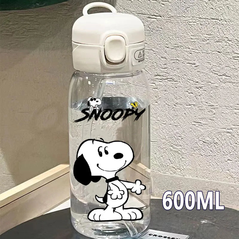 Snoopy Straw Bottles 600ml/400ML Transparent Plastic Anti Drop Water Bottle Children Students Charlie Browns Outdoor Capacity