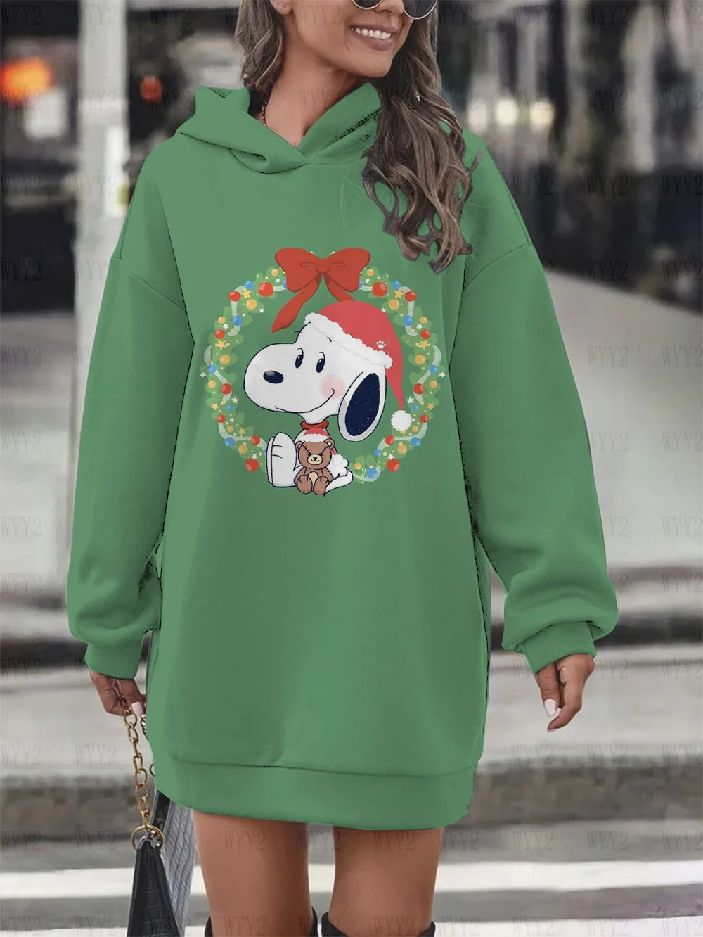Christmas Print Hooded Black Sweatshirt Snoopy Hoodie