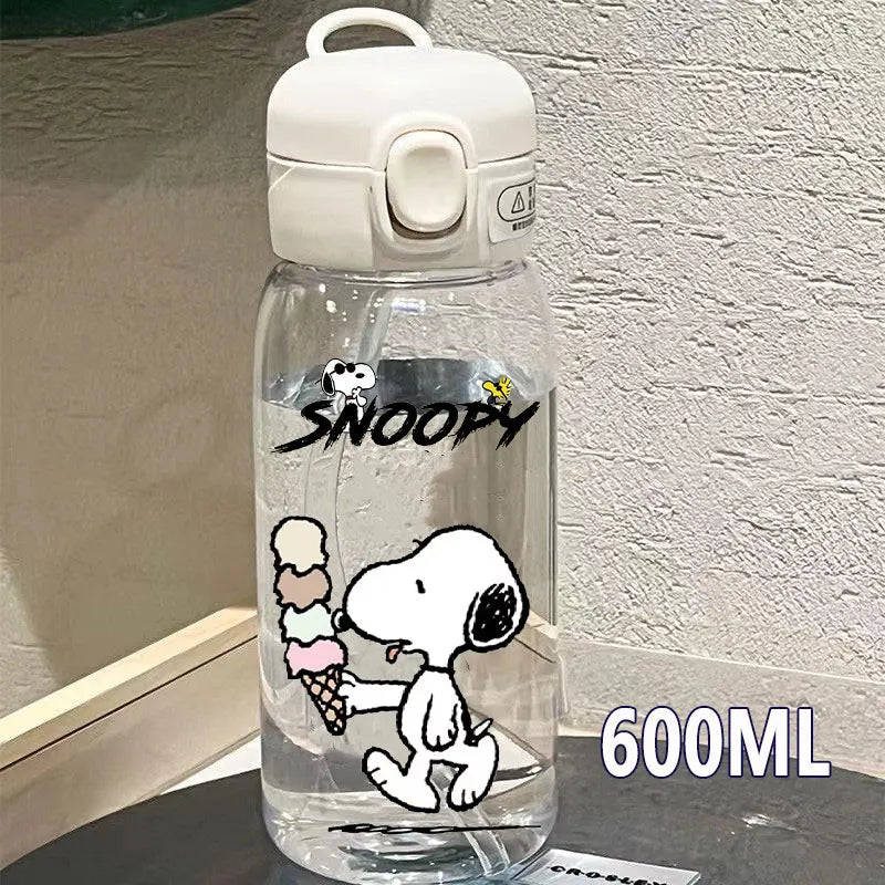 Snoopy Straw Bottles 600ml/400ML Transparent Plastic Anti Drop Water Bottle Children Students Charlie Browns Outdoor Capacity