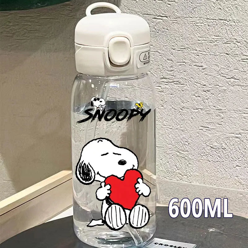 Snoopy Straw Bottles 600ml/400ML Transparent Plastic Anti Drop Water Bottle Children Students Charlie Browns Outdoor Capacity