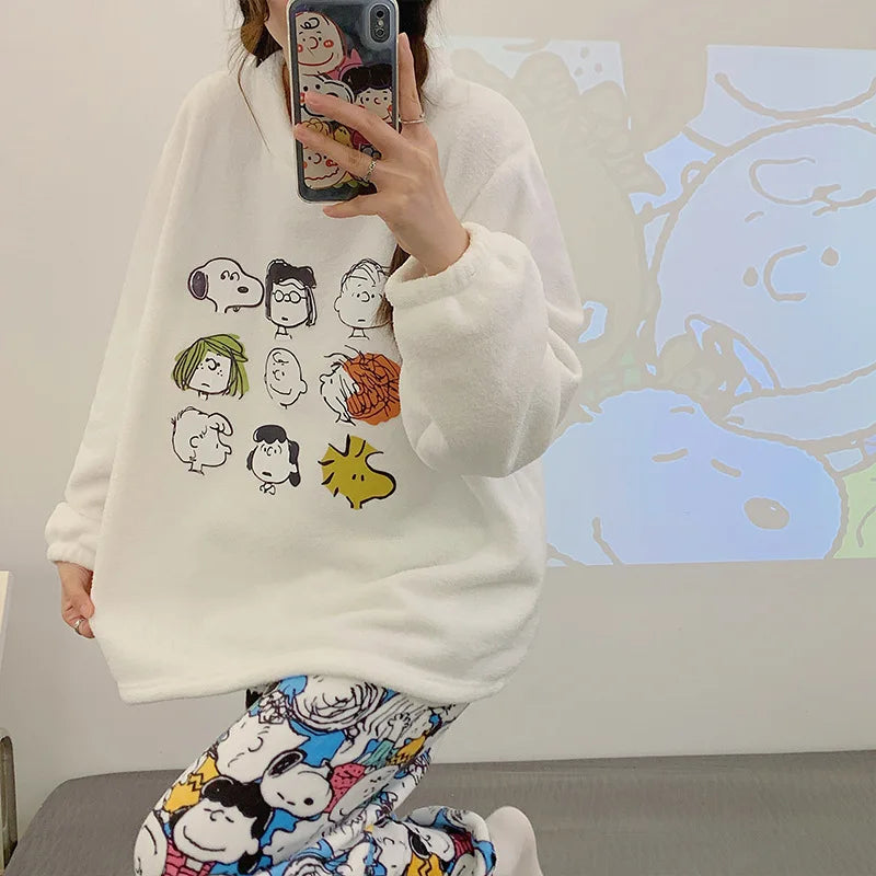 Peanuts Flannel Pajamas Coral Fleece Sleeves Snoopy Pyjama