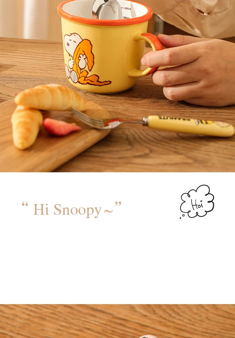 Animation Cartoon Snoopy Stainless Steel Spoon Ceramic Handled Spoon Fork Kawaii Children's Baby Tableware Cute Fruit Fork