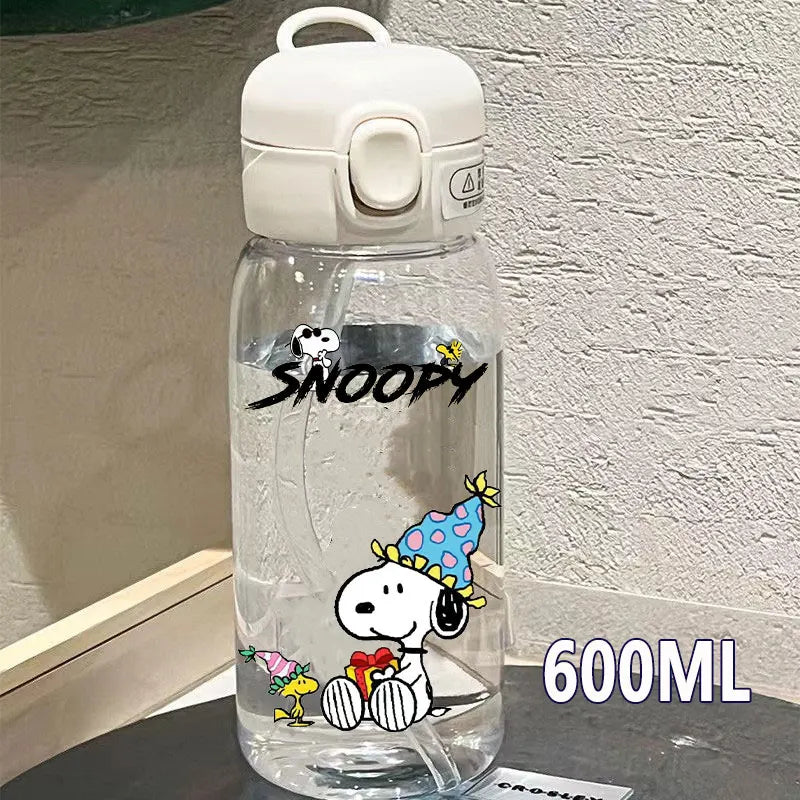 Snoopy Straw Bottles 600ml/400ML Transparent Plastic Anti Drop Water Bottle Children Students Charlie Browns Outdoor Capacity