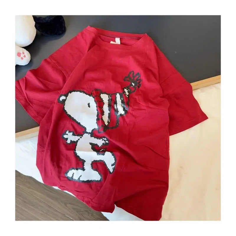 Red Cotton Pajamas For Women Short Sleeve Snoopy Pyjama