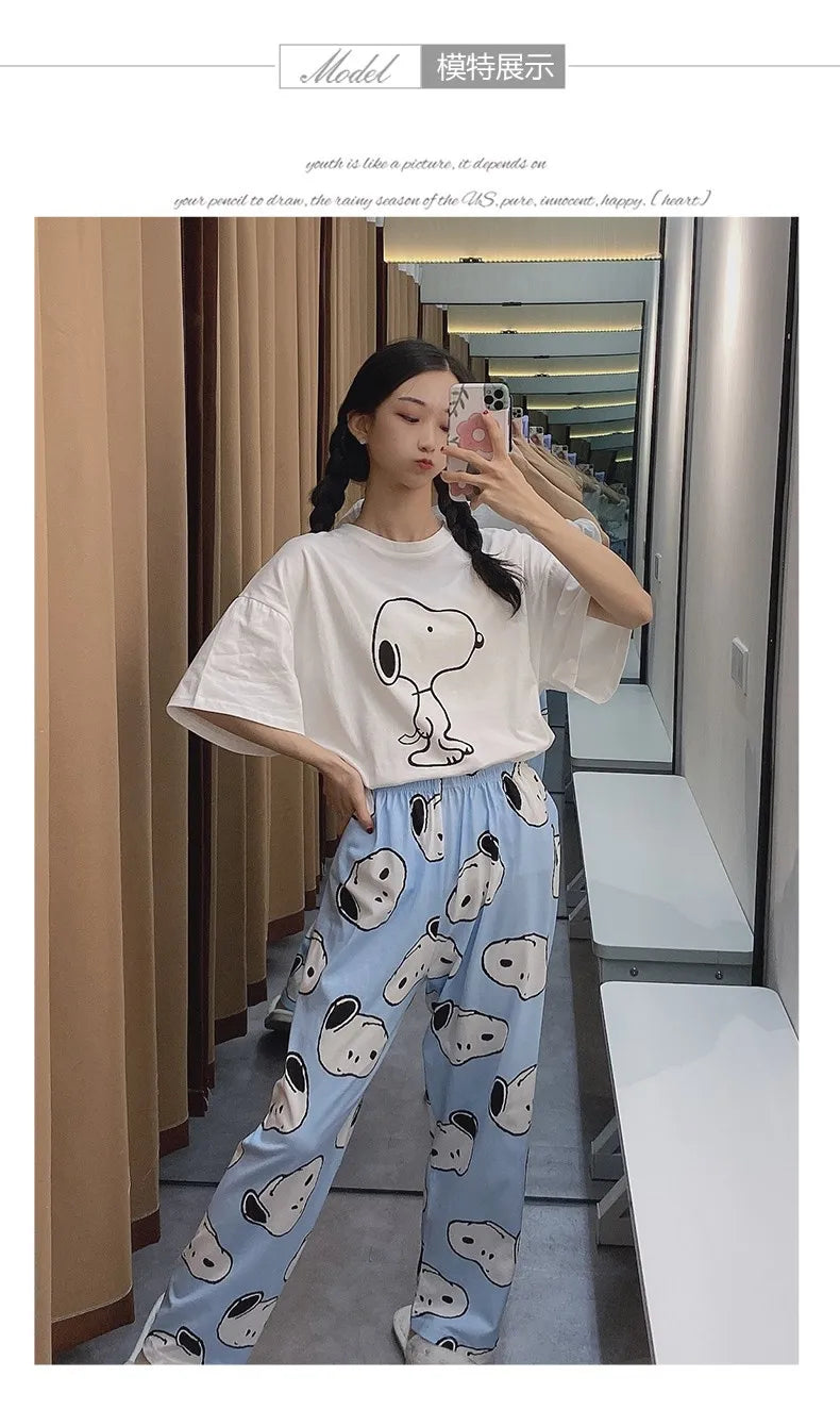 Pajama Set Short Sleeve Pants Loose Fit Snoopy Shirt