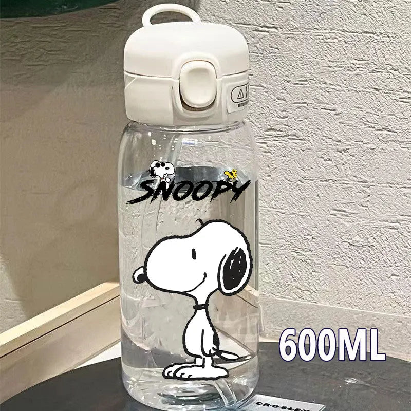 Snoopy Straw Bottles 600ml/400ML Transparent Plastic Anti Drop Water Bottle Children Students Charlie Browns Outdoor Capacity