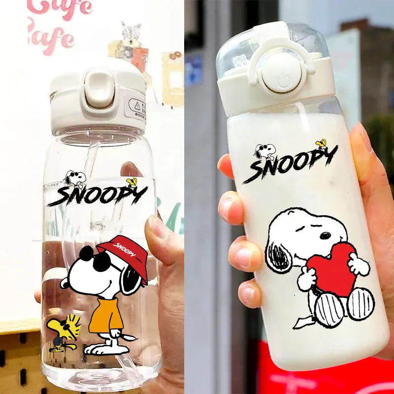 Snoopy Straw Bottles 600ml/400ML Transparent Plastic Anti Drop Water Bottle Children Students Charlie Browns Outdoor Capacity
