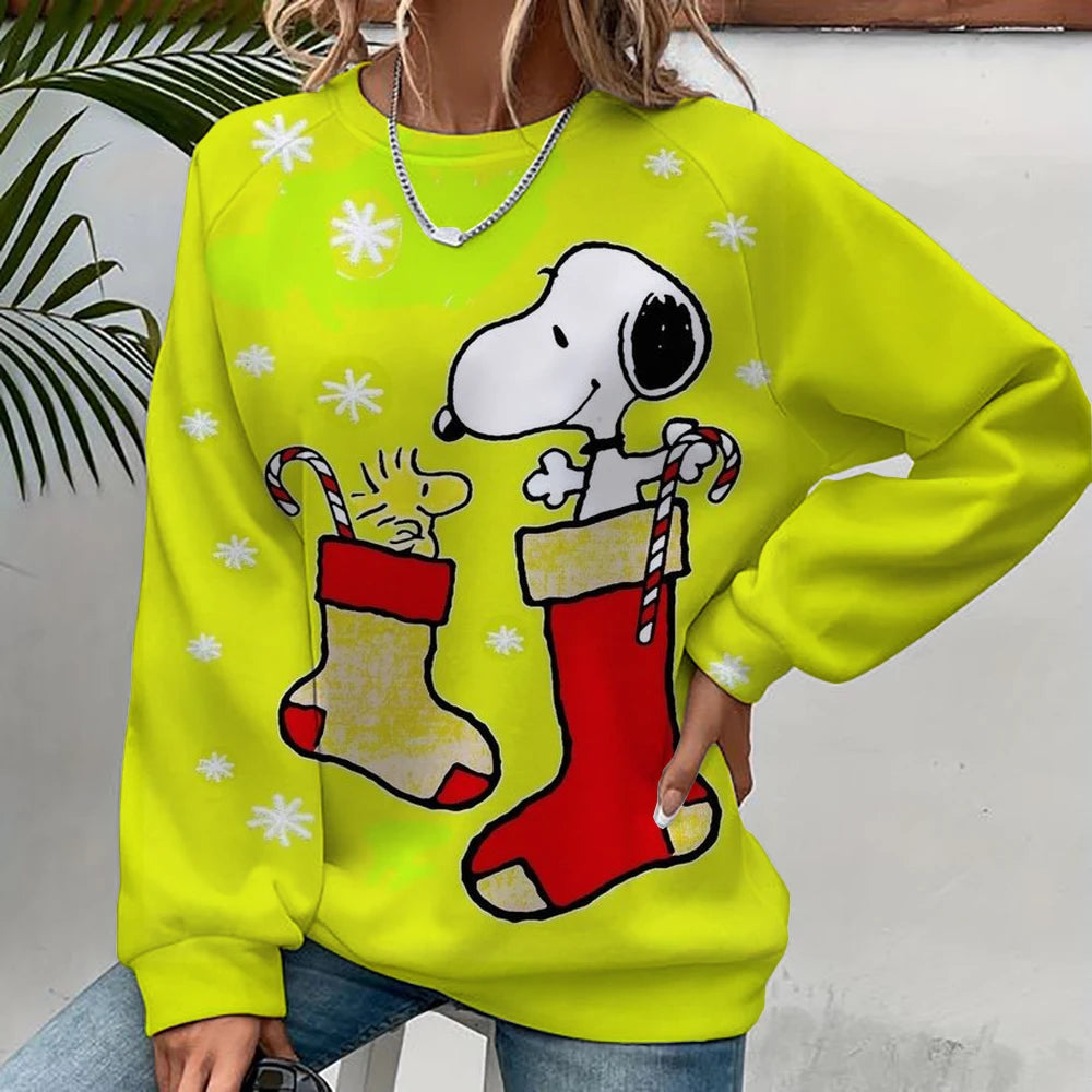 2024 autumn/winter new 3D printed women's Snoopy cartoon Christmas round neck pullover for women's street parties