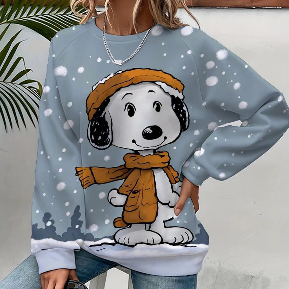 2024 autumn/winter new 3D printed women's Snoopy cartoon Christmas round neck pullover for women's street parties