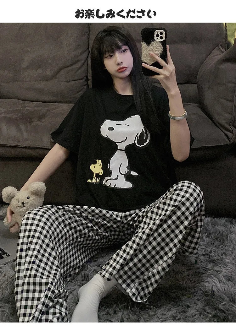 Pajama Set Short Sleeve Pants Loose Fit Snoopy Shirt
