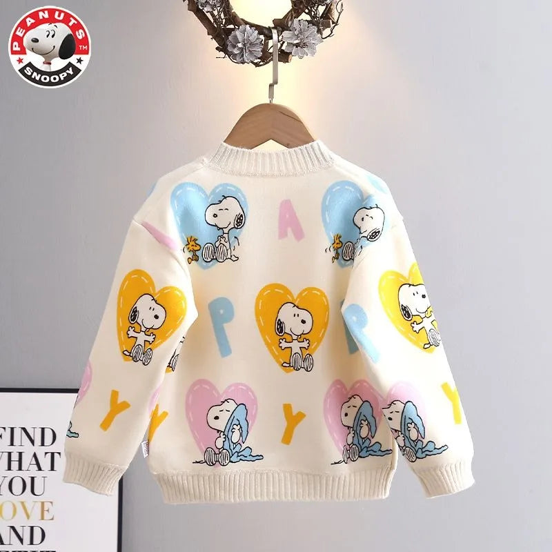 Peanuts Snoopy spring and autumn long-sleeved cartoon love printed thickened knitted cardigan children's casual all-match top