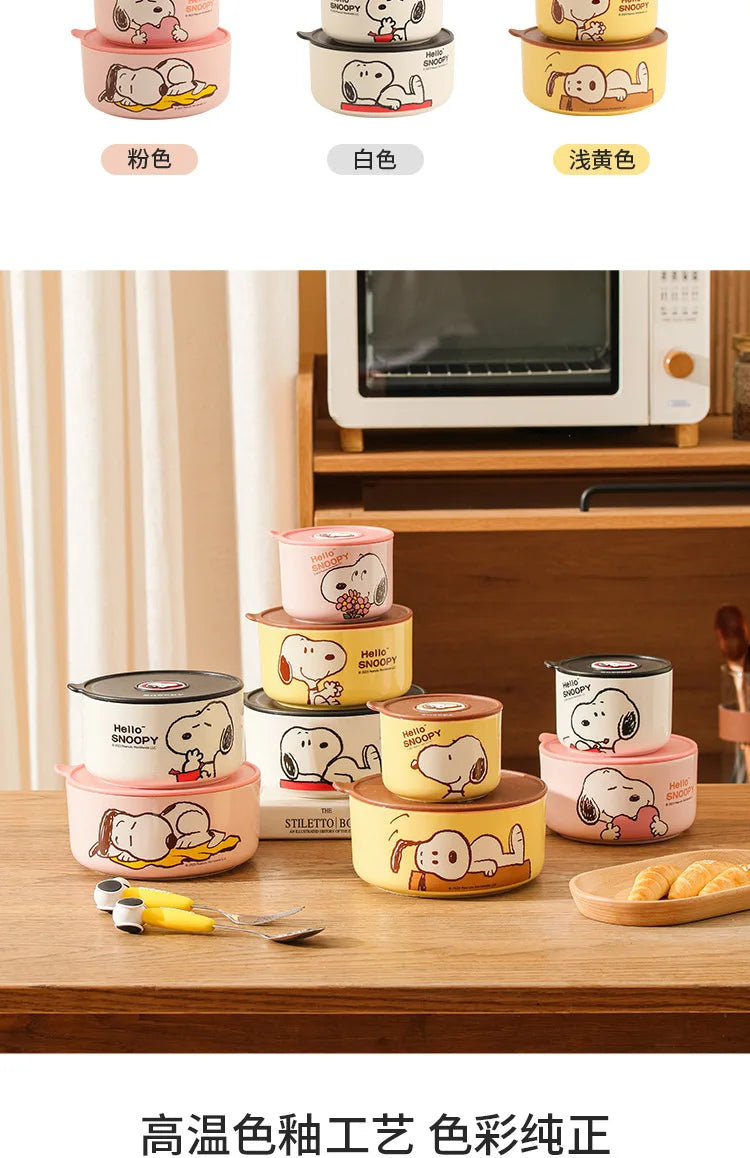 Snoopy Ceramic Bowl Set Three Piece Lid Snoopy Luch Box