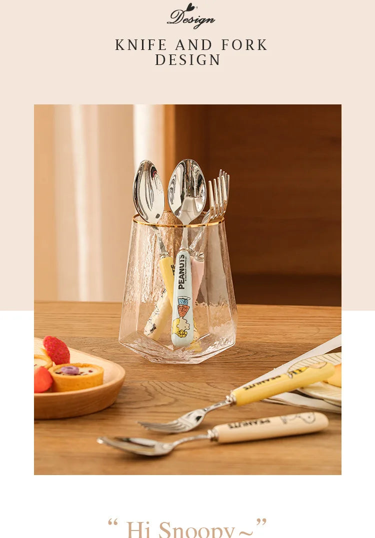 Animation Cartoon Snoopy Stainless Steel Spoon Ceramic Handled Spoon Fork Kawaii Children's Baby Tableware Cute Fruit Fork