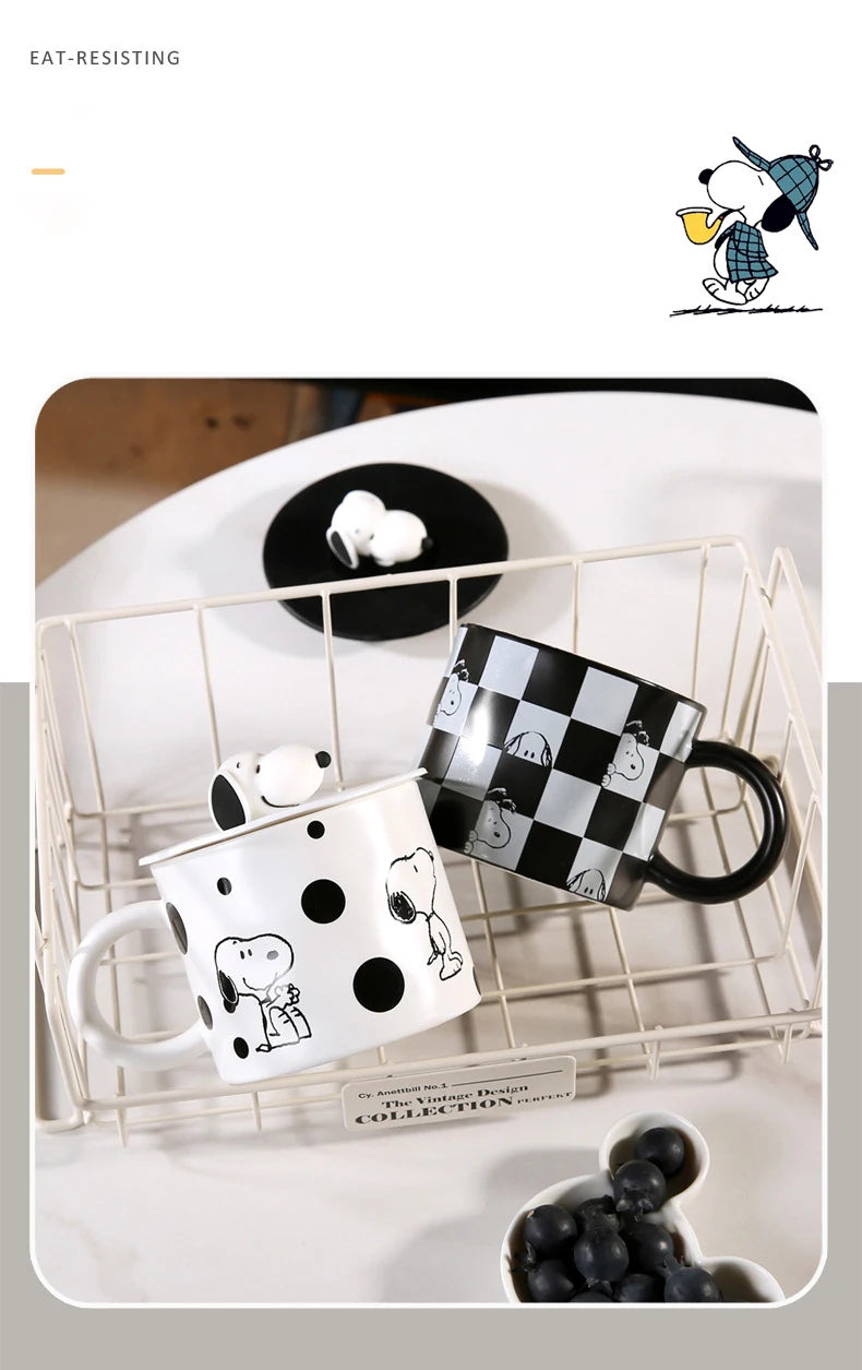 350Ml Black and White Mug With Lid Snoopy Cup