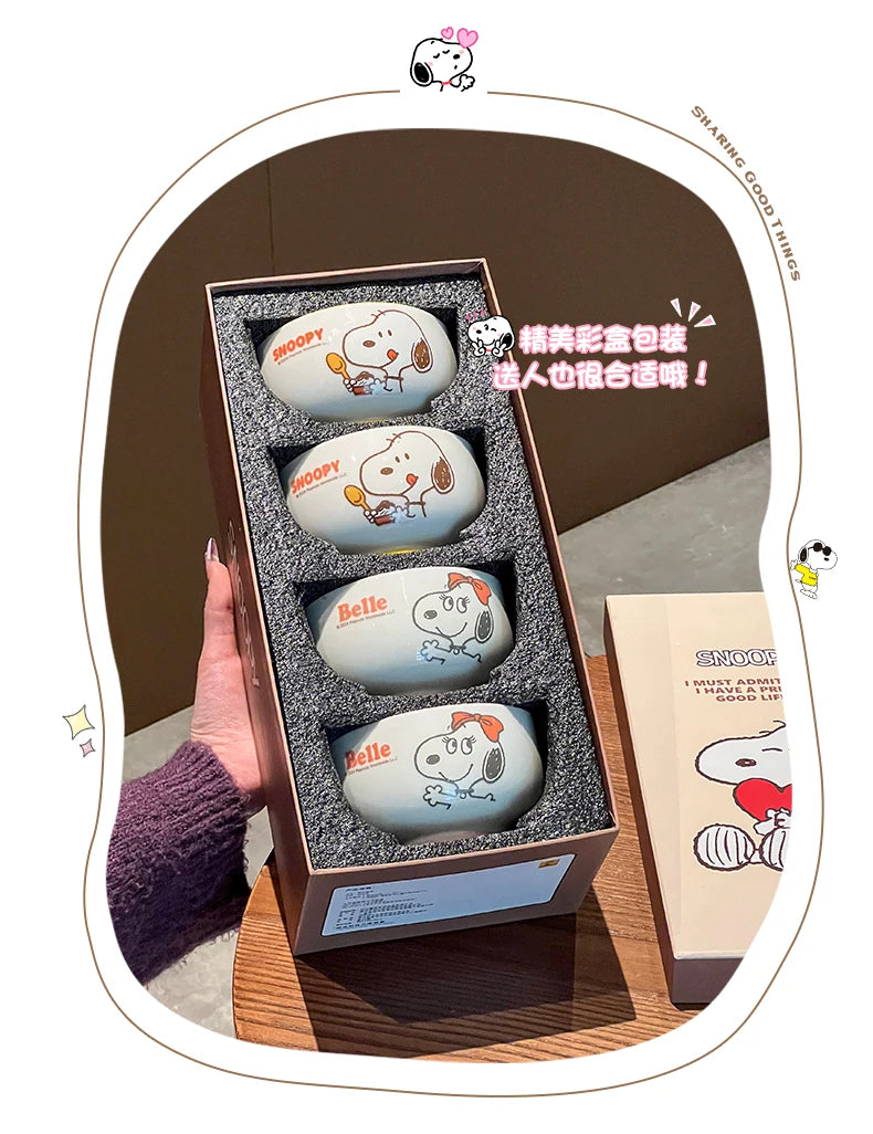 4Pcs Kawaii Snoopy Co-branded Cartoon Home Rice Bowl High Temperature Resistance Ceramic Tableware Set Gift Box Birthday Gift