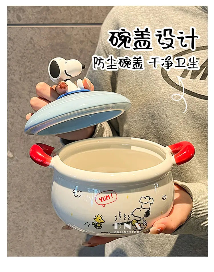 Peanuts Character Peripherals Snoopy New Ceramic Instant Noodle Bowl With Lid And Handle Student Dormitory Bowl Children'S Gift