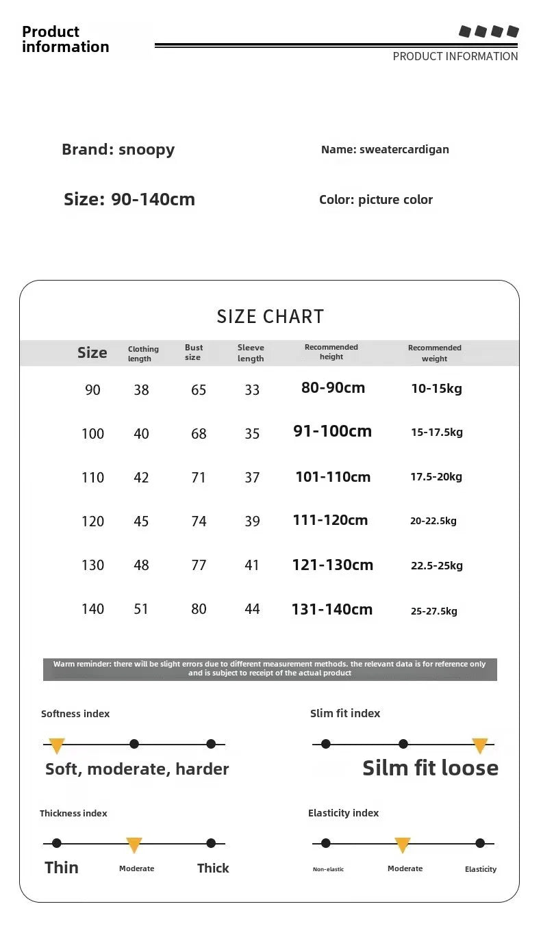 Peanuts Snoopy spring and autumn long-sleeved cartoon love printed thickened knitted cardigan children's casual all-match top