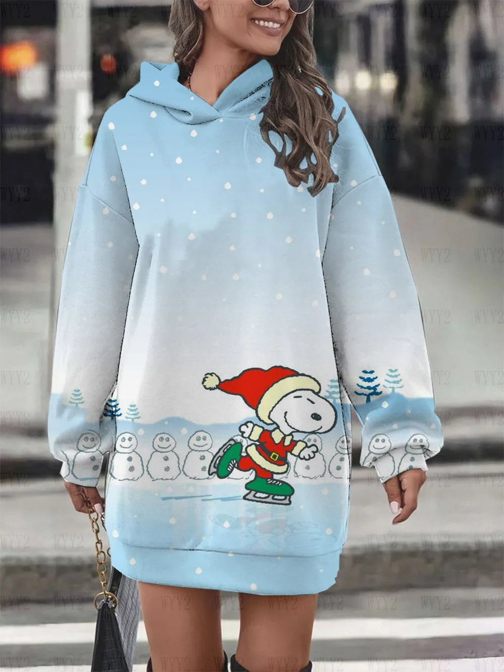 Christmas Print Hooded Black Sweatshirt Snoopy Hoodie