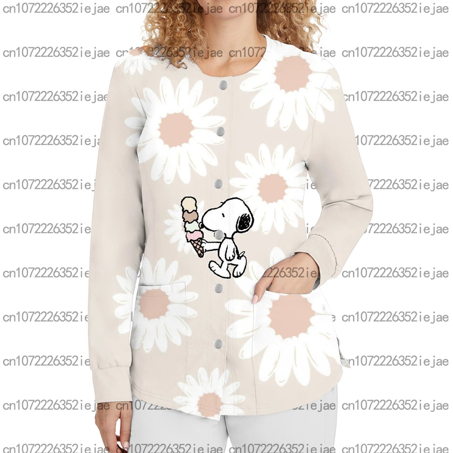 Snoopy Printed Long Sleeve Nurse Uniform Dental Beauty Salon Pet Shop Women's Pocket Snap Button Warm Surgical Gown Jacket