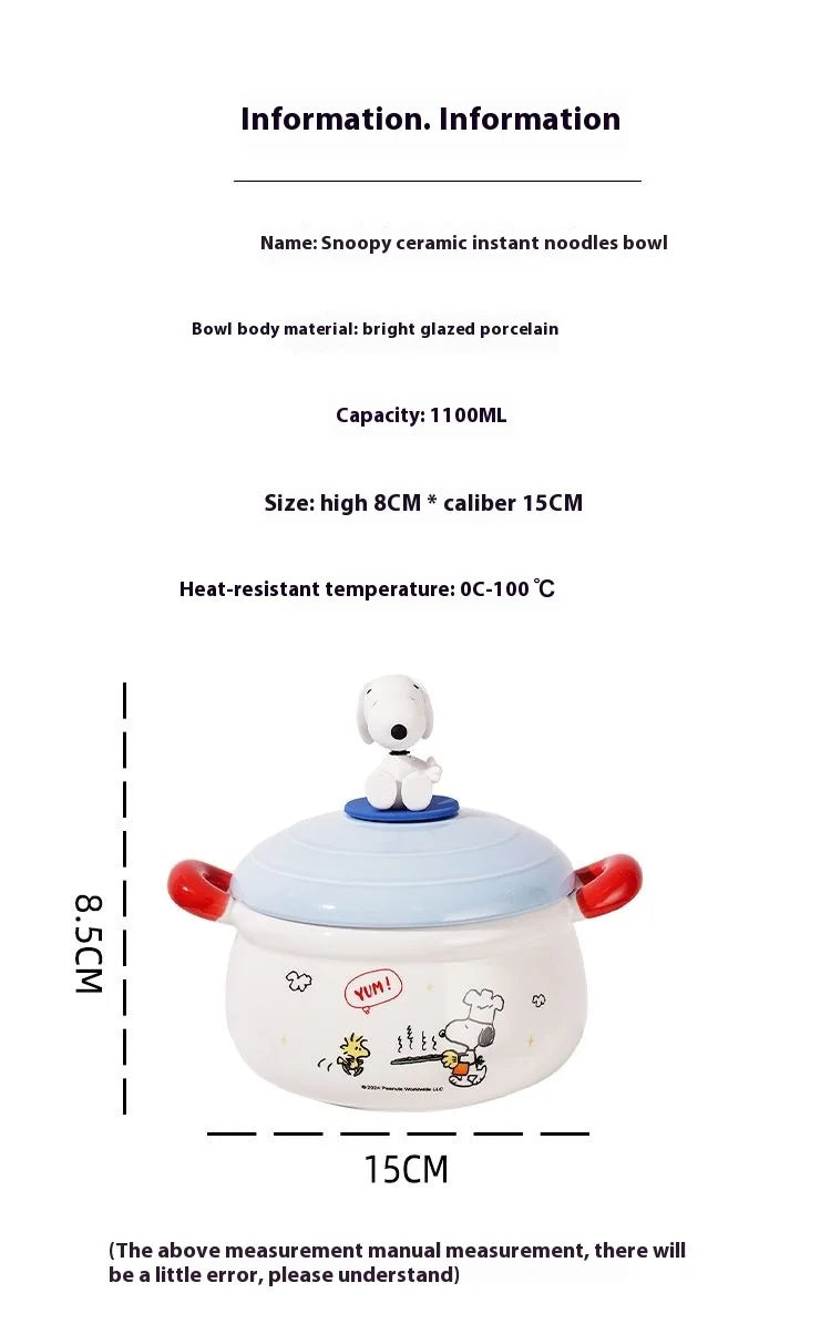 Peanuts Character Peripherals Snoopy New Ceramic Instant Noodle Bowl With Lid And Handle Student Dormitory Bowl Children'S Gift