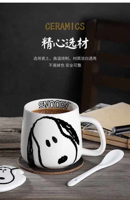 Black and White Snoopy Ceramic Mug With Cover Spoon