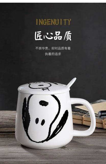 Black and White Snoopy Ceramic Mug With Cover Spoon