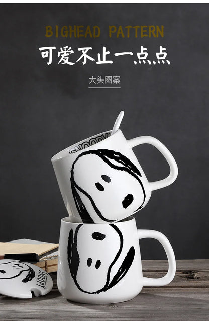 Black and White Snoopy Ceramic Mug With Cover Spoon