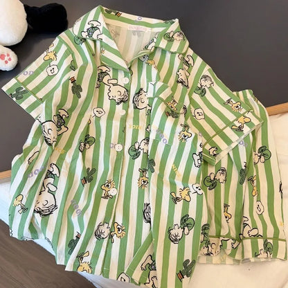 Striped Snoopy Charlie sleepwear women's summer new short sleeved ins wind Japanese sweet student home clothes for outdoor wear