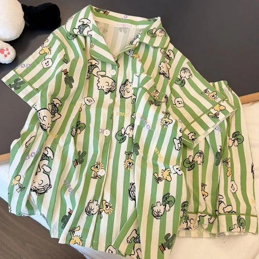 Striped Snoopy Charlie sleepwear women's summer new short sleeved ins wind Japanese sweet student home clothes for outdoor wear