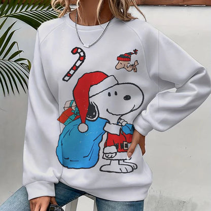 2024 autumn/winter new 3D printed women's Snoopy cartoon Christmas round neck pullover for women's street parties
