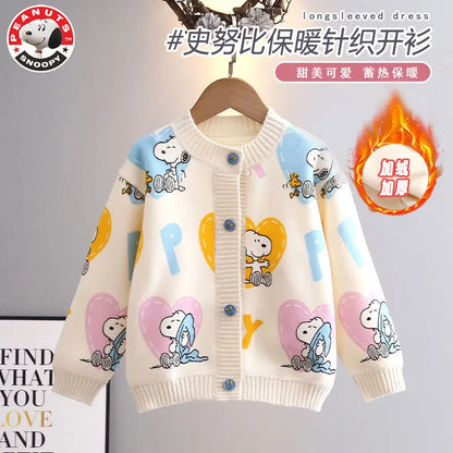 Peanuts Snoopy spring and autumn long-sleeved cartoon love printed thickened knitted cardigan children's casual all-match top
