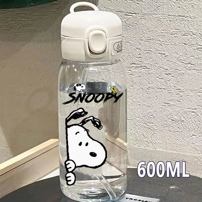 Snoopy Straw Bottles 600ml/400ML Transparent Plastic Anti Drop Water Bottle Children Students Charlie Browns Outdoor Capacity