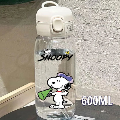Snoopy Straw Bottles 600ml/400ML Transparent Plastic Anti Drop Water Bottle Children Students Charlie Browns Outdoor Capacity