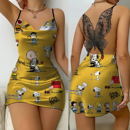 Snoopy Print Summer Women's Pajamas Comfortable Spaghetti Strap Backless Butterfly Lace Suspender Nightgown Luxury Sexy Dress