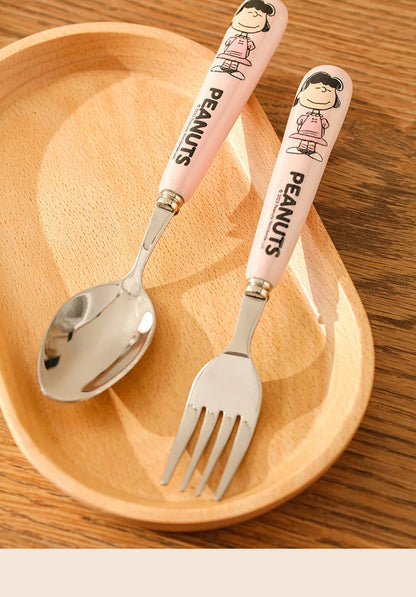 Animation Cartoon Snoopy Stainless Steel Spoon Ceramic Handled Spoon Fork Kawaii Children's Baby Tableware Cute Fruit Fork