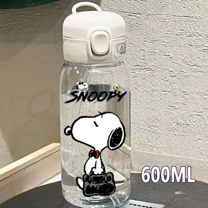 Snoopy Straw Bottles 600ml/400ML Transparent Plastic Anti Drop Water Bottle Children Students Charlie Browns Outdoor Capacity