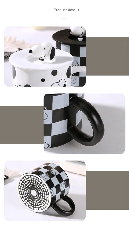 350Ml Black and White Mug With Lid Snoopy Cup