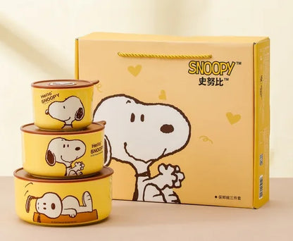 Snoopy Ceramic Bowl Set Three Piece Lid Snoopy Luch Box