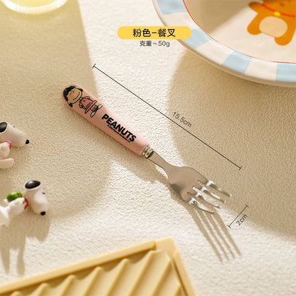 Animation Cartoon Snoopy Stainless Steel Spoon Ceramic Handled Spoon Fork Kawaii Children's Baby Tableware Cute Fruit Fork