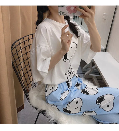 Pajama Set Short Sleeve Pants Loose Fit Snoopy Shirt