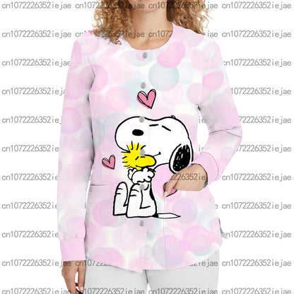 Snoopy Printed Long Sleeve Nurse Uniform Dental Beauty Salon Pet Shop Women's Pocket Snap Button Warm Surgical Gown Jacket